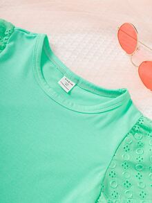 Toddler Girls Eyelet Embroidery Puff Sleeve Tee - Green - View 5