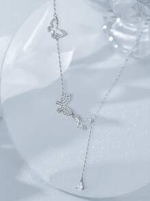1入組時尚銀方晶鋯石蝴蝶裝飾Y字項鍊適用於女士日常裝飾 - 銀色 - 查看 6