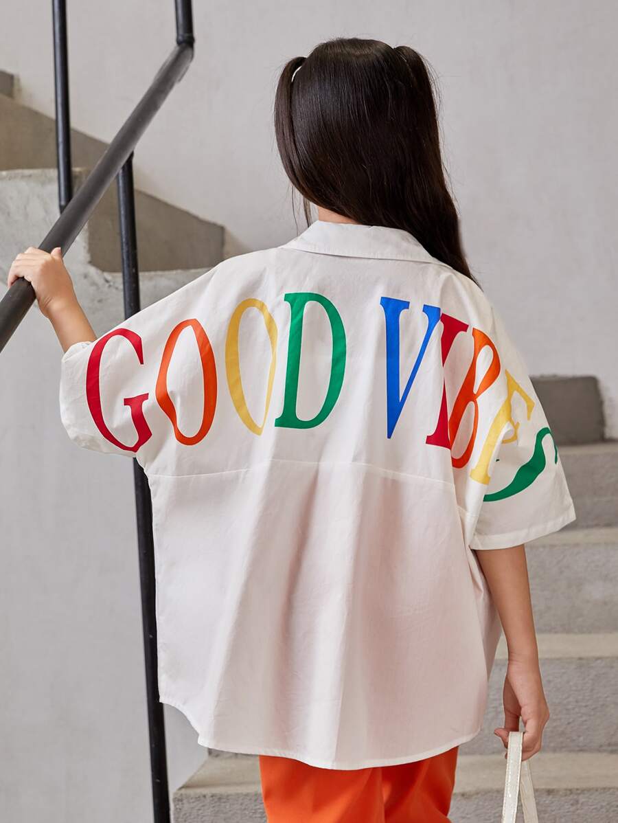 SHEIN Girls Letter Graphic Drop Shoulder Shirt - White - View 1