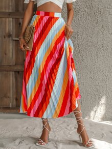 SHEIN VCAY 撞色條紋圖案百褶半身裙 - 彩色 - 查看 4