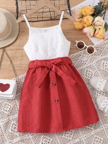 Girls Cami Top & Button Front Skirt - Red and White - View 1