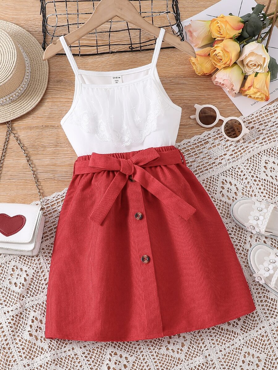 Girls Cami Top & Button Front Skirt - Red and White - View 1