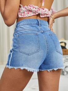 Ripped Raw Trim Denim Shorts - Medium Wash - View 2