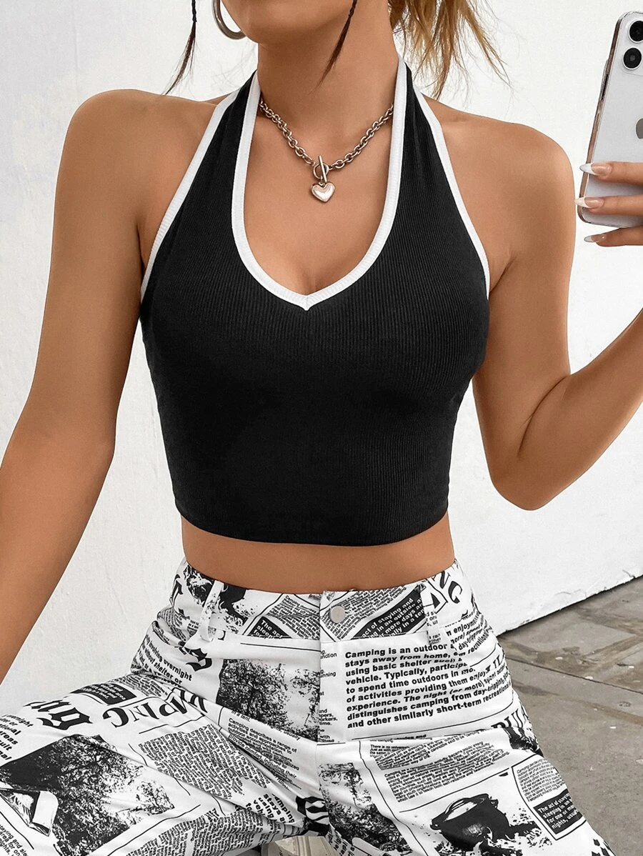 SHEIN EZwear Contrast Binding Crop Halter Top | SHEIN UK