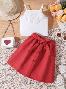 Girls Cami Top & Button Front Skirt - Red and White - View 3