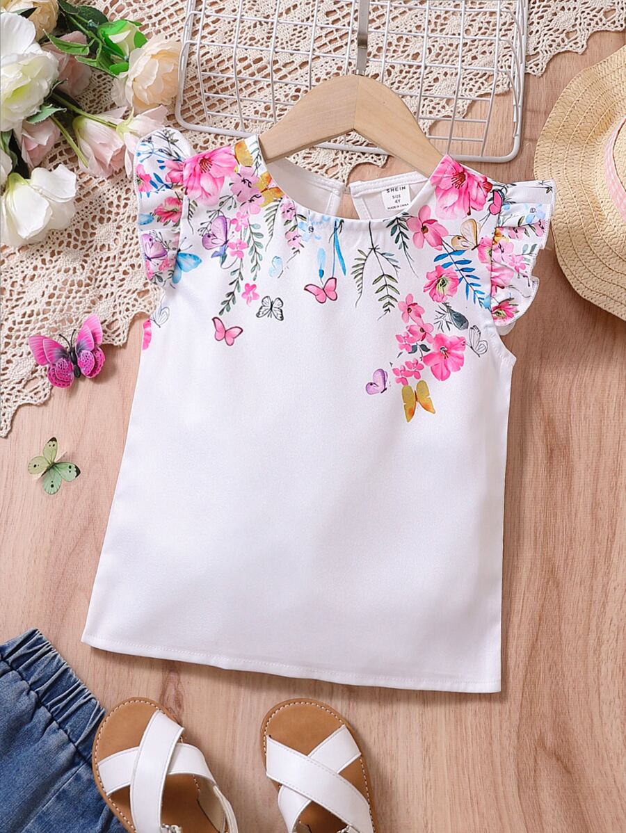 SHEIN Cô Gái Trẻ Trắng Hình bướm Áo sơ mi Với In hoa , Tròn Đường viền cổ áo Và Ruffled Cho mùa hè - trắng - Xem 1