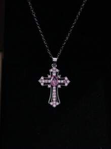 CVNANA 1入組魅力四射方晶鋯石裝飾十字架吊飾項鍊適用於女士日常裝飾 - 彩色 - 查看 4