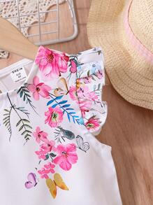 SHEIN Cô Gái Trẻ Trắng Hình bướm Áo sơ mi Với In hoa , Tròn Đường viền cổ áo Và Ruffled Cho mùa hè - trắng - Xem 4