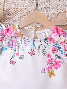 SHEIN Cô Gái Trẻ Trắng Hình bướm Áo sơ mi Với In hoa , Tròn Đường viền cổ áo Và Ruffled Cho mùa hè - trắng - Xem 5