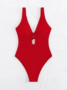 Swim Basics Traje de baño de una pieza sexy con recorte en V profundo y anillo circular conectado para mujeres, modelo de verano 2025 - Rojo - Ver 3