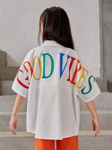 SHEIN Girls Letter Graphic Drop Shoulder Shirt - White - View 2