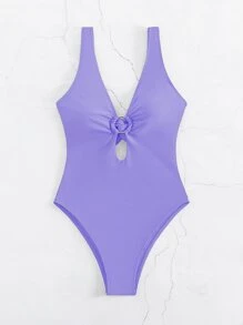 SHEIN Swim Bañador una pieza vinculado con aro con abertura - Morado - Ver 7