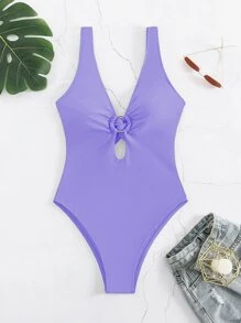 SHEIN Swim Bañador una pieza vinculado con aro con abertura - Morado - Ver 8