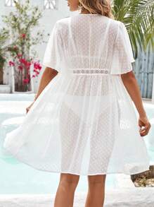 SHEIN VCAY 瑞士圆点对比蕾丝前系带和服（不含比基尼套装）夏季 - 白色 - 查看 2