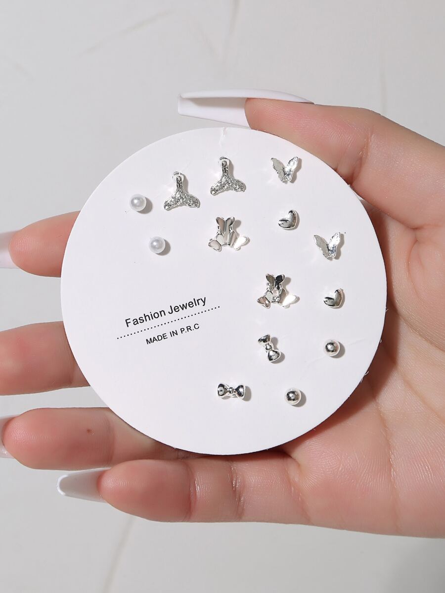 7對/套時尚蝴蝶和魚尾耳釘適合女士日常裝飾 - 彩色 - 查看 1