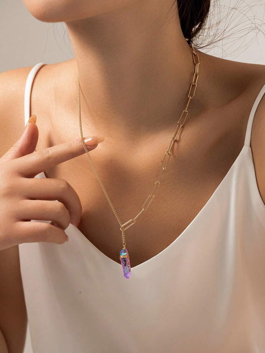 Nooxian 1入組時尚水晶吊墜項鍊適合女士日常裝飾 - 金黃色 - 查看 1