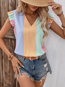 SHEIN LUNE 條紋印花荷葉邊V領襯衫 - 彩色 - 查看 3