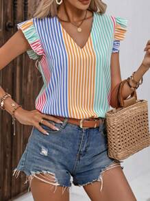 SHEIN LUNE 條紋印花荷葉邊V領襯衫 - 彩色 - 查看 4