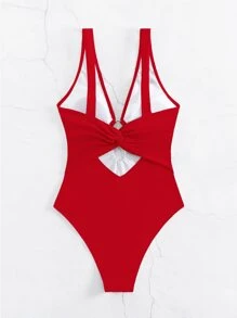 Swim Basics Traje de baño de una pieza sexy con recorte en V profundo y anillo circular conectado para mujeres, modelo de verano 2025 - Rojo - Ver 5