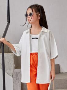 SHEIN Girls Letter Graphic Drop Shoulder Shirt - White - View 3