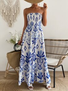 Breezaya Allover Print Ruffle Hem Tube Dress - Blue and White - View 1