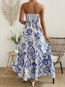 Breezaya Allover Print Ruffle Hem Tube Dress - Blue and White - View 2
