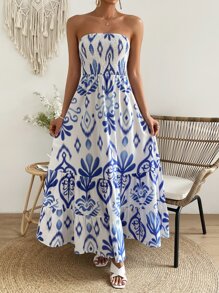Breezaya Allover Print Ruffle Hem Tube Dress - Blue and White - View 3