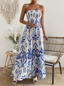 Breezaya Allover Print Ruffle Hem Tube Dress - Blue and White - View 6