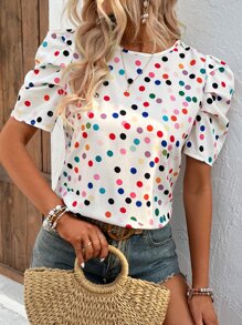 Breezaya Polka Dot Print Tie Back Puff Sleeve Blouse,Short Sleeve Tops