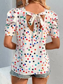 Breezaya Polka Dot Print Tie Back Puff Sleeve Blouse,Short Sleeve Tops