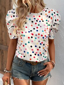 Breezaya Polka Dot Print Tie Back Puff Sleeve Blouse,Short Sleeve Tops
