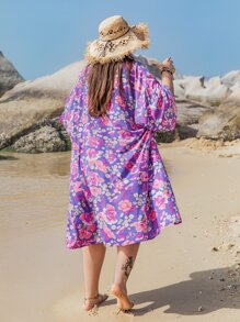 Rusttydustty Plus Floral Print Kimono & Shorts - Purple - View 2