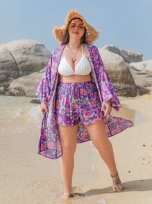 Rusttydustty Plus Floral Print Kimono & Shorts - Purple - View 3