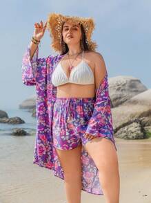 Rusttydustty Plus Floral Print Kimono & Shorts - Purple - View 4