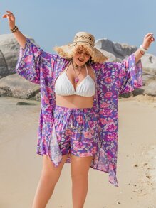 Rusttydustty Plus Floral Print Kimono & Shorts - Purple - View 5