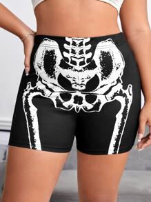 SHEIN Holidaya Plus Skeleton Print Cycling Shorts - Black - View 4
