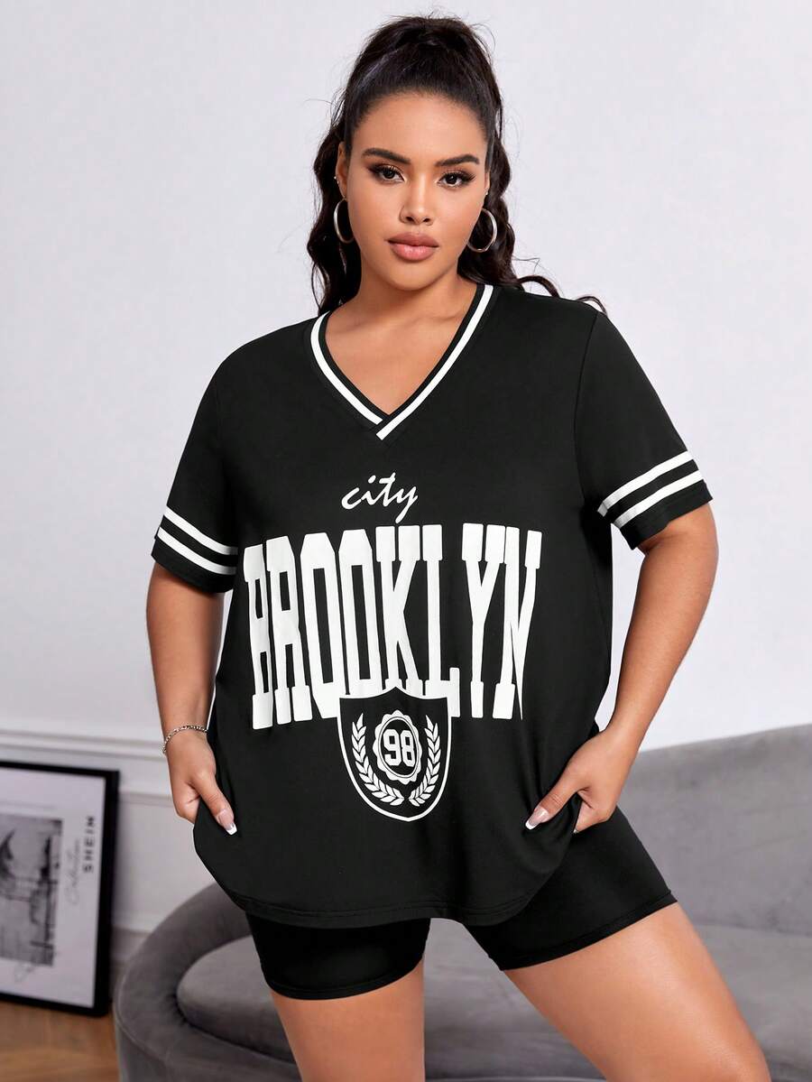 Flirla Camiseta con estampado de letra ribete de rayas - Negro - Ver 1