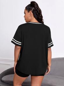 Flirla Camiseta con estampado de letra ribete de rayas - Negro - Ver 3