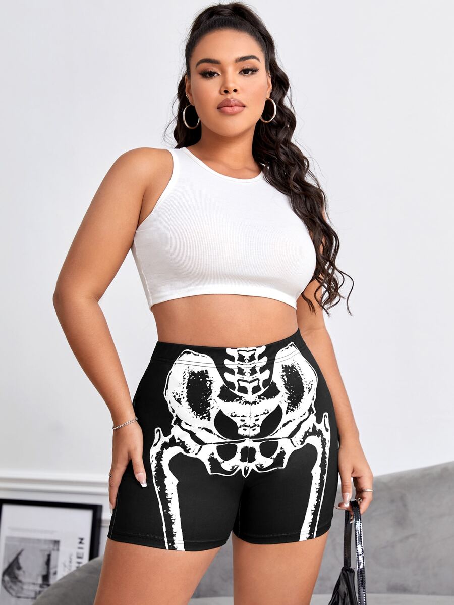 SHEIN Holidaya Plus Skeleton Print Cycling Shorts - Black - View 1