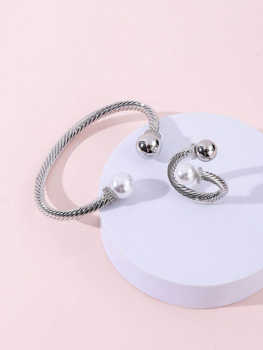 2入組/套時尚球和人造珍珠裝飾扭結首飾套裝適用於女士日常裝飾 - 銀色 - 查看 1