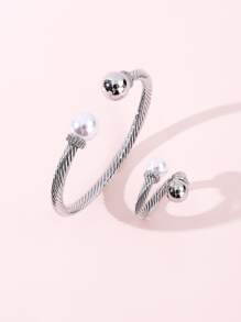 2入組/套時尚球和人造珍珠裝飾扭結首飾套裝適用於女士日常裝飾 - 銀色 - 查看 2