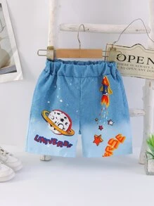 SHEIN Toddler Boys Cartoon & Letter Graphic Ombre Print Shorts - Blue - View 1