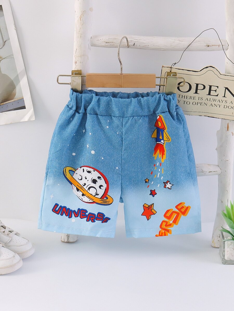 SHEIN Toddler Boys Cartoon & Letter Graphic Ombre Print Shorts - Blue - View 1