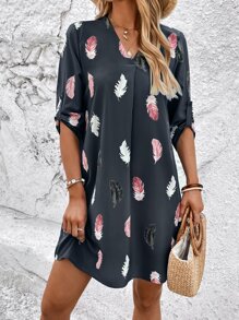SHEIN LUNE Feather Print Roll Tab Sleeve Tunic Dress - Grey - View 1