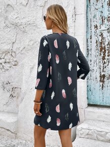 SHEIN LUNE Feather Print Roll Tab Sleeve Tunic Dress - Grey - View 2