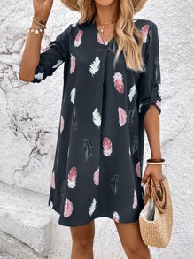 SHEIN LUNE Feather Print Roll Tab Sleeve Tunic Dress - Grey - View 4