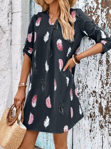 SHEIN LUNE Feather Print Roll Tab Sleeve Tunic Dress - Grey - View 5