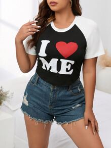 SHEIN EZwear Plus Heart & Slogan Graphic Raglan Sleeve Tee - Black and White - View 1