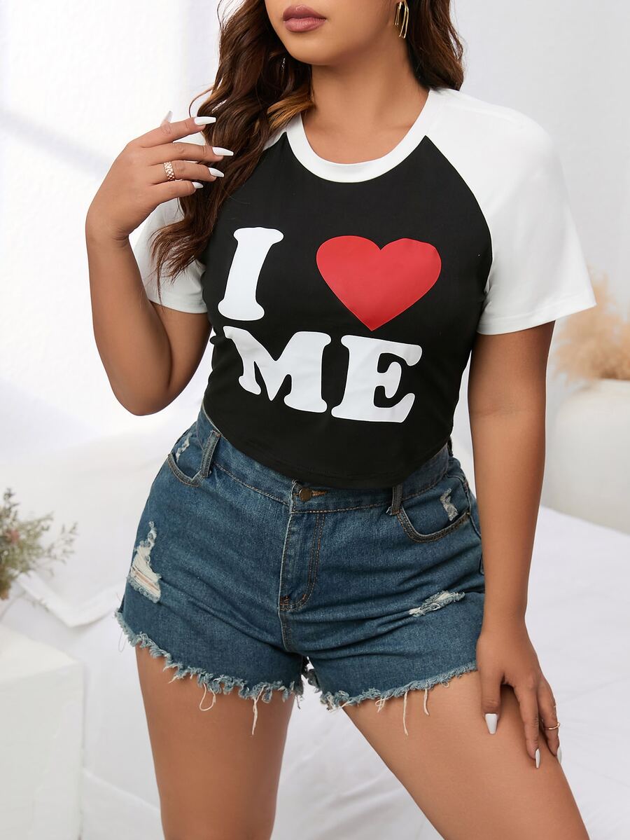 SHEIN EZwear Plus Heart & Slogan Graphic Raglan Sleeve Tee - Black and White - View 1