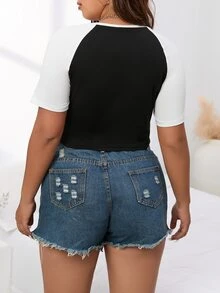 SHEIN EZwear Plus Heart & Slogan Graphic Raglan Sleeve Tee - Black and White - View 2